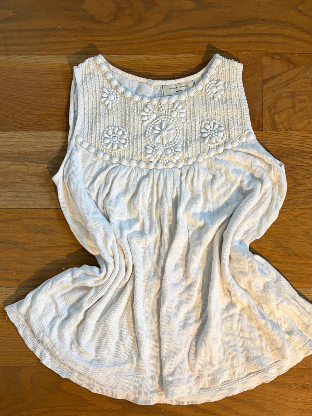 Moulinette Soeurs White Embroidered Beaded Boho Tank